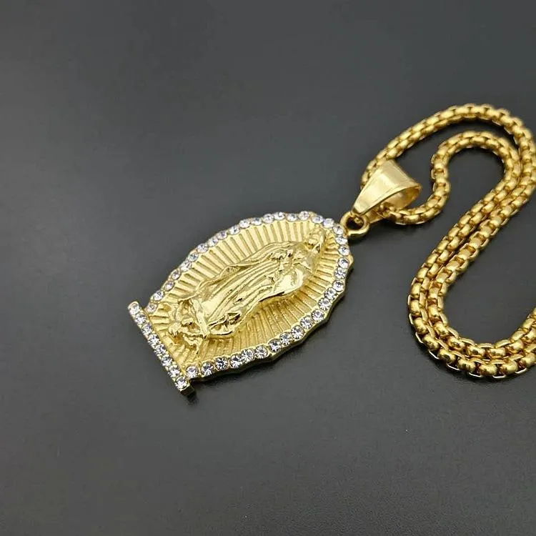 Hanger Kettingen Rvs Maagd Maria Ketting Voor Mannen Hip Hop Rapper Sieraden Met 60 Cm Goud Kleur Link Chain224I