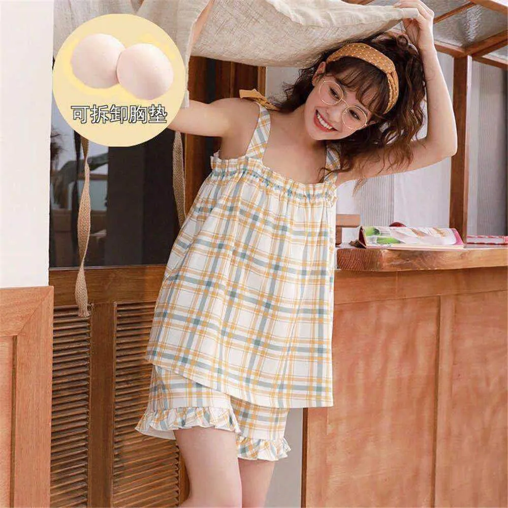 Bogen Rüschen Süße Pyjamas Set für Mädchen Frauen Sommer Baumwolle Koreanische Student Nette Dünne Japanische Plaid Sling Hause Zwei-stück Anzug 210619