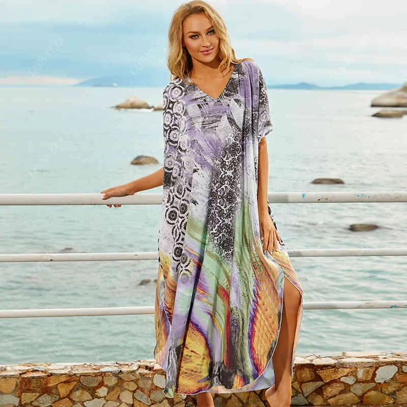 Multicolore Bikini Cover-ups Sexy V-cou Demi Manches Boho Summer Beach Dress Plus Size Beachwear Maillot De Bain Cover Up Q1166 210420