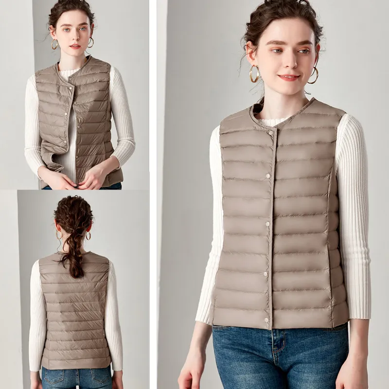 Winter Women Single Breasted Thin Sleeveless 90% White Duck Down Vest Coat O-Neck or V-Neck Jacket 210423