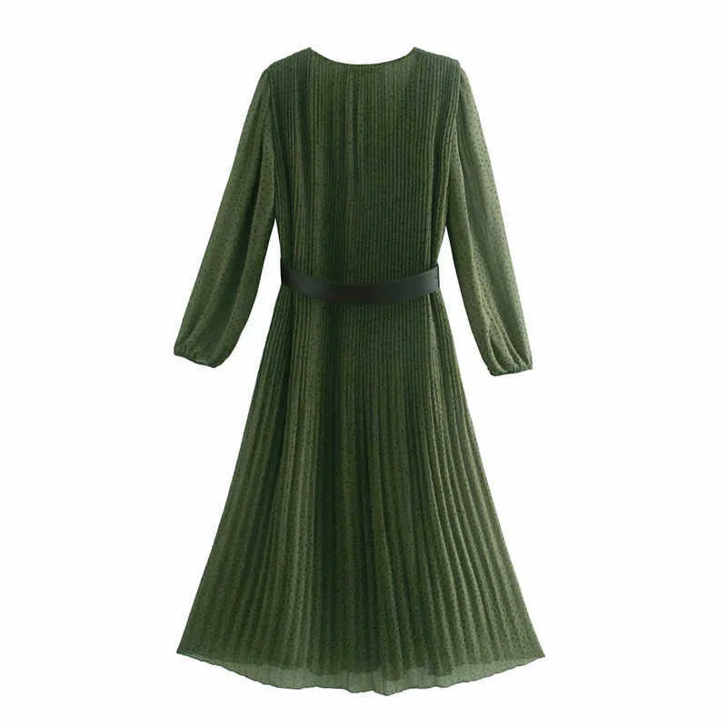 ZA Ceinture Imprimer Midi Robe Verte Femmes Vintage Longue Manches Longues Plissée Bureau Dame Robes Femme Chic Élégant Long Robe 210602