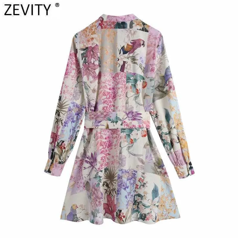 Zevity Femmes Stand Col Boutonné Bow Sashes Shirtdress Femme Patchwork Floral Print Robes Chic A Line Mini Robes DS8255 210623