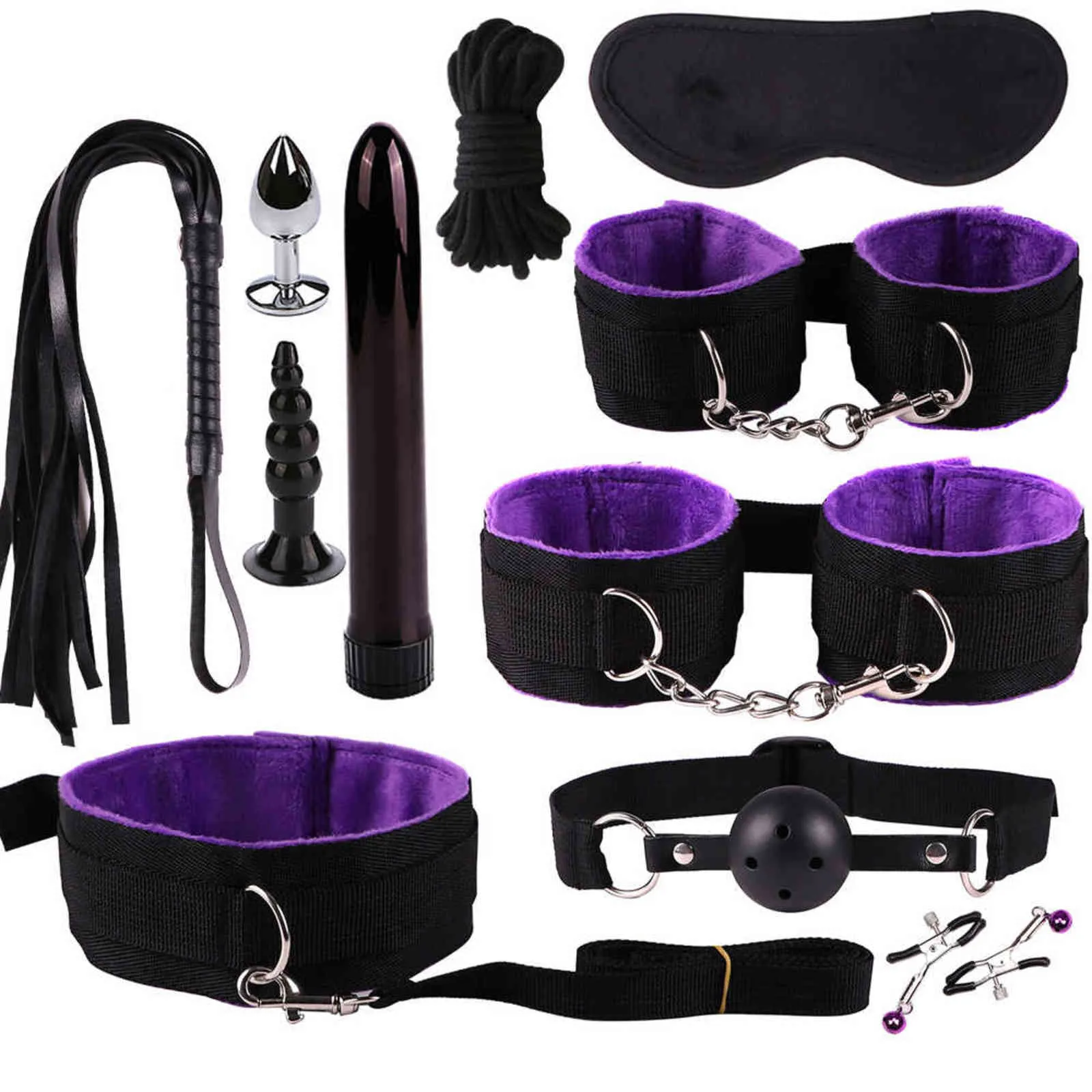 NXY Sm bondage BDSM Sex Toys For Couples Handcuffs Whip Nipples Clip Blindfold Mouth Gag Adult Kit Bondage Toy Flirt Games 1126