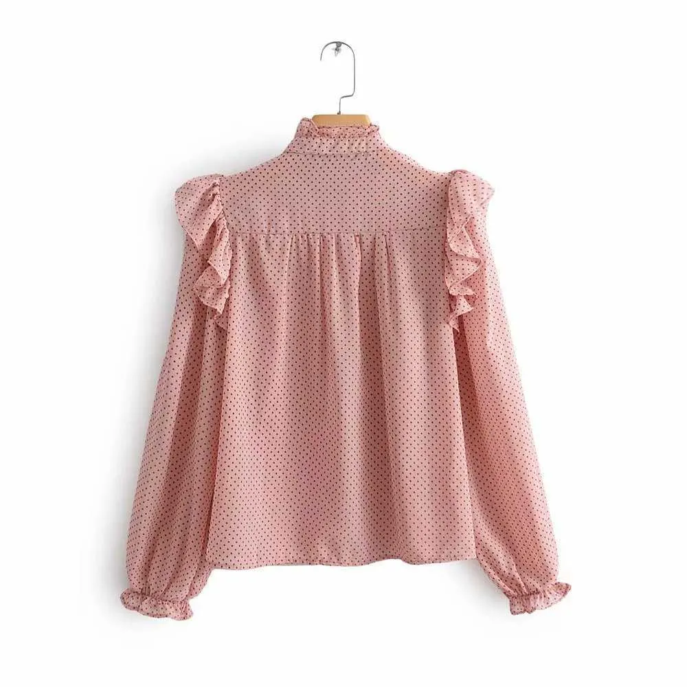 HSA dames roze tops lange mouw casual blouse en zoete chique flare polka dots los lente 210716