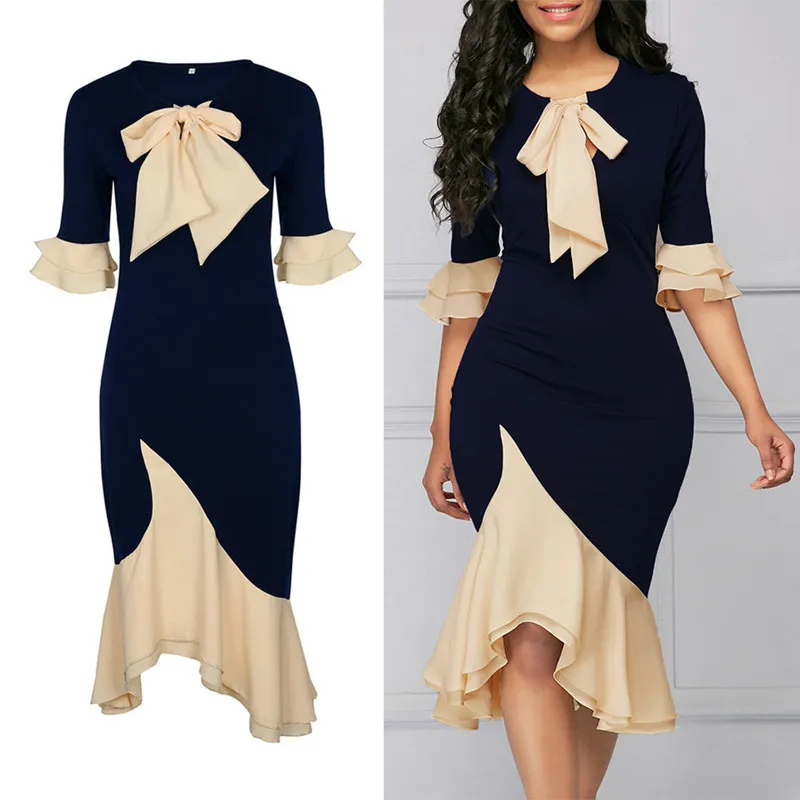 女性のドレスエレガントなファッションスプライシングパッチワーク包帯3四半期の長さの通常の袖ラウンドネック210522