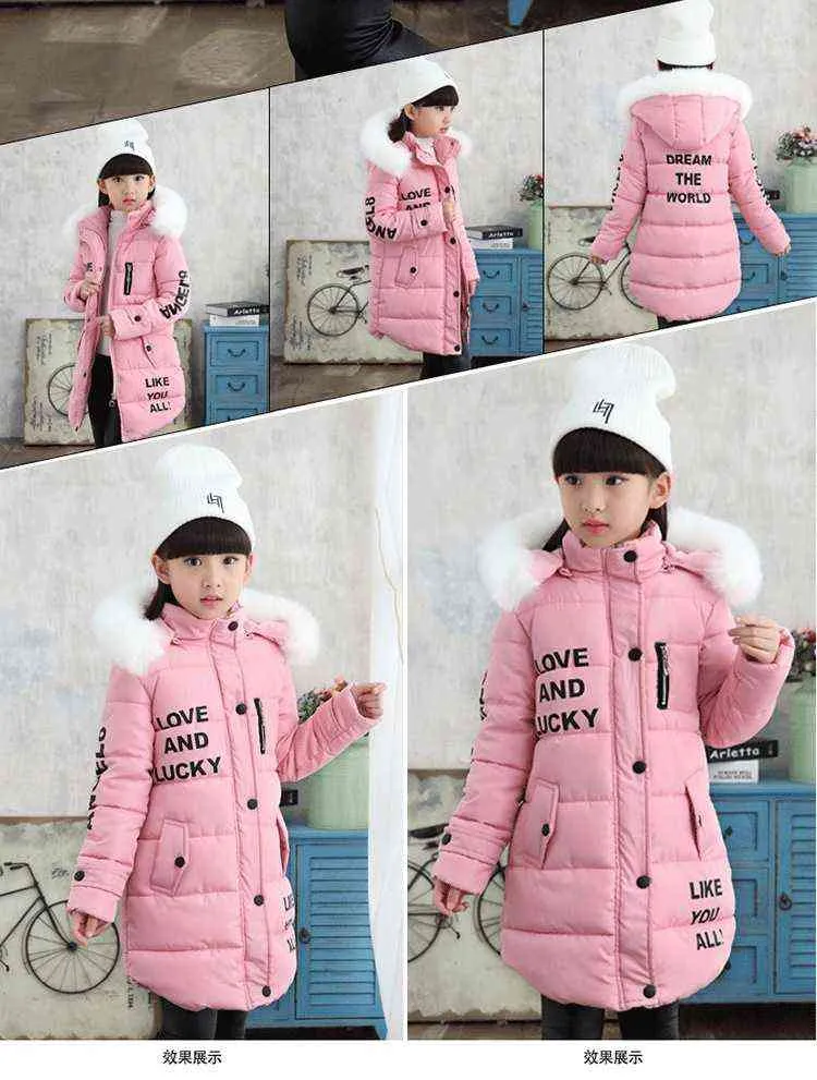 Withstand The Severe Cold Thick Keep Warm Winter Jacket For Girls Letter Hooded Kids Outerwear Teenager Long Windbreaker Coat 211204