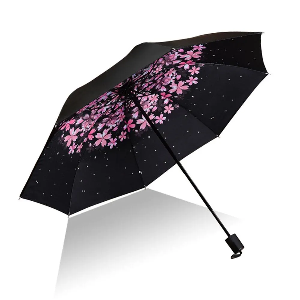 Sakura Tri-Folded Anti-UV Reverse Nero Adesivo Panno Ombrello parasole Portatile 8 ossa Cortile da viaggio all'aperto