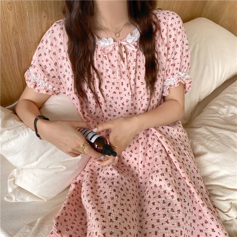 Rosa Nightdress Pyjamas Tryckta Florals Homerwear Sweet Loose All Match Prom Summer Short Sleeves Dress 210525