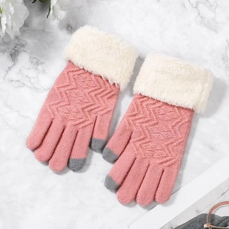 Five Fingers Gloves Winter Women Knitted Touch Screen Female Thicken Warm Full Finger Soft Stretch Knit Mittens Ladies Guantes