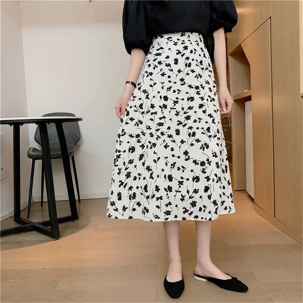 Zomerbloemprint rokken Harajuku High Taille Rooks voor vrouwen Spring herfst Midi Vintage rok Vrouwelijke Koreaanse stijl Lange rok 210619