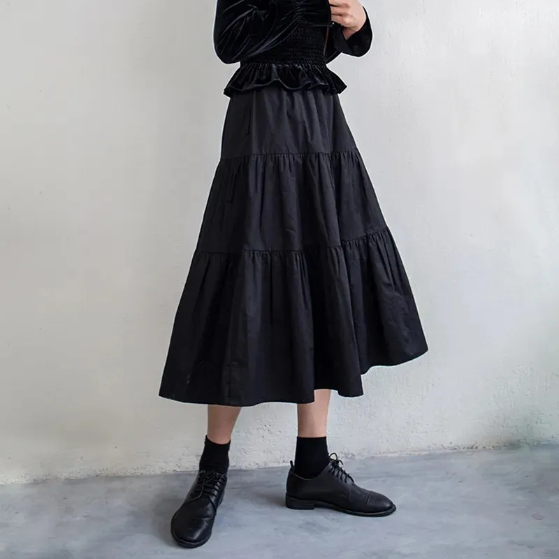 Yaz pamuk Midi Ekose etek Siyah Beyaz Bahar Kadın Uzun pilili Kız Öğrenciler Elastik Yüksek Bel Streetwear 210421