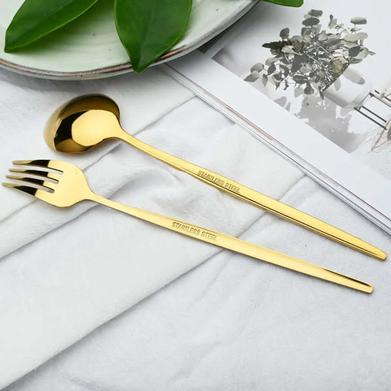 Gold Dinnerware Cutlery Knife Cake Fruit Fork Coffee Spoon Flatware Silverware Stainless Steel Party Tableware 210928