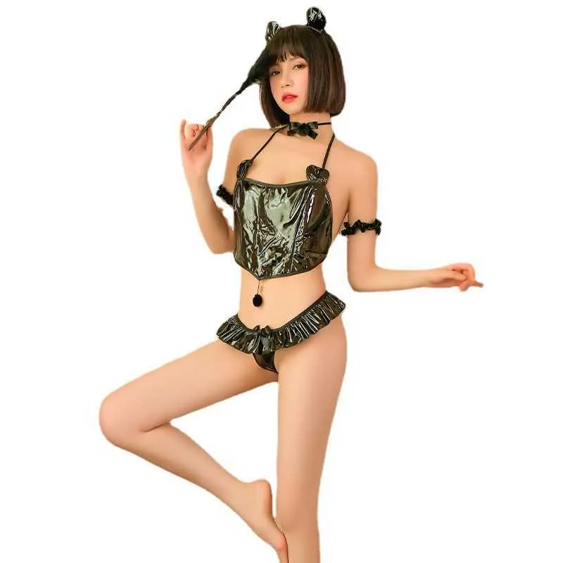 Halloween Sexy Cosplay Anime Dessous Katze Rollenspiel Kostüm für Frauen Kawaii Stripper Kleidung Niedliche Unterwäsche Pu Leder Outfit X0626
