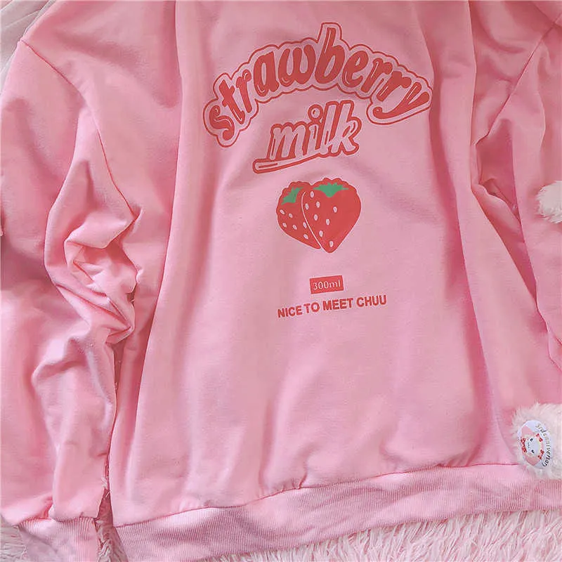 Tumblr Harajuku Kawaii Strawberry Letter Sweat-shirt à capuche Femmes Kpop Chic Mignon Sweat-shirt rose Sweat-shirt chaud Casual Girl Top 210909