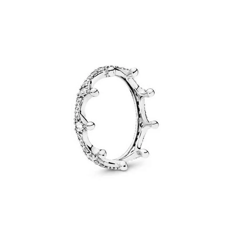 925 Sterling Silver Enchanted Queen Crown CZ Crystal European Original Ring för kvinnor DIY Smycken 211217