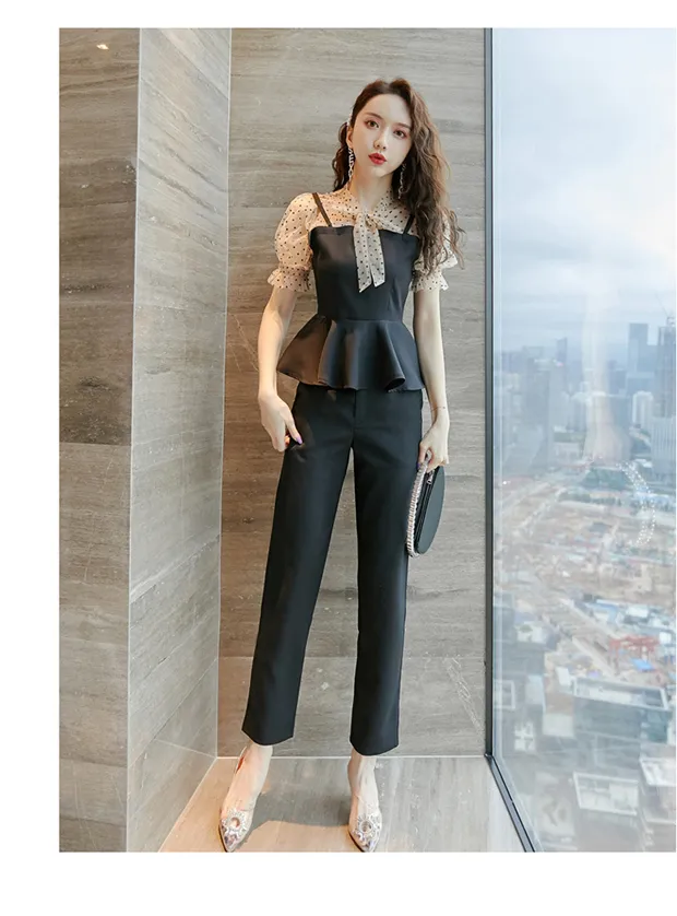 Letnie Eleganckie Biuro Dwa zestawy Kobiet Dot Drukowane Krótki Rękaw Tunika + Spodnie Garnitury Workwear Ol Style Panie Zestaw Femme 210513