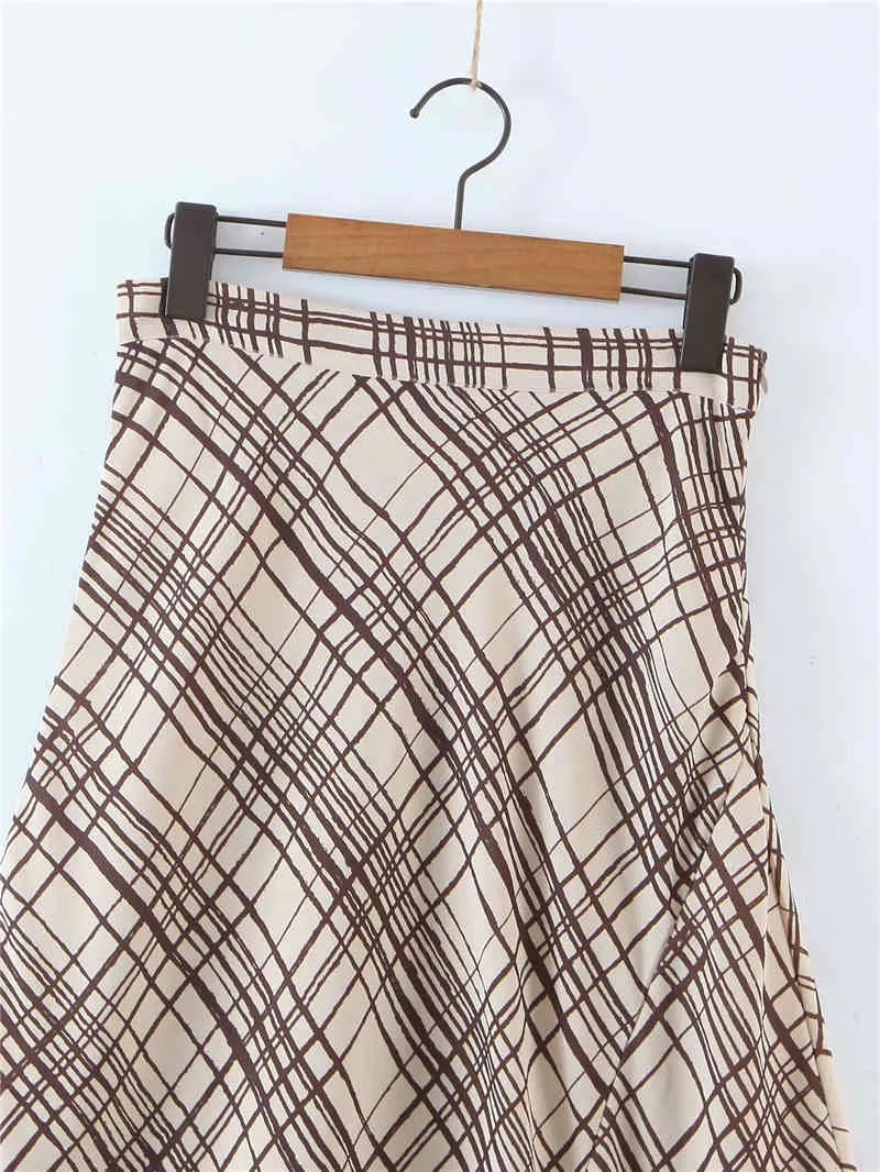 Elegant Women Zipper High Waist Skirts Fashion Ladies Khaki Plaid Print Streetwear Female Chic A-Line Long 210427