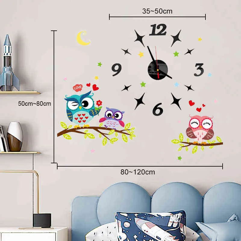 2022 Pokój dziecięcy 3D DIY Zegar ścienny Nowoczesny Dekoracja Domowa Sowa Naklejka Naklejka Akryl Zegarek Kwarcowy Żywy Zegary Ścienne H1230