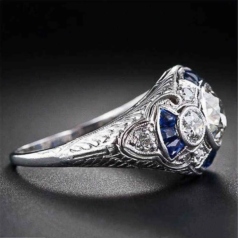 925 Anillos Silver Retro Court Full Cubic Zirconia Ring för kvinnor Ladies Elegant Blå Kristall Ringar Bankett Sapphire Smycken 211217