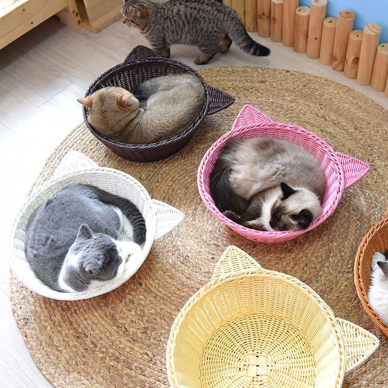 Sofá de cama de mimbre de ratán hecho a mano para gatos, camas redondas de cuerda fresca de verano, casas, nido de mascotas, sofá de salón para gatitos, perrera para dormir 2101006