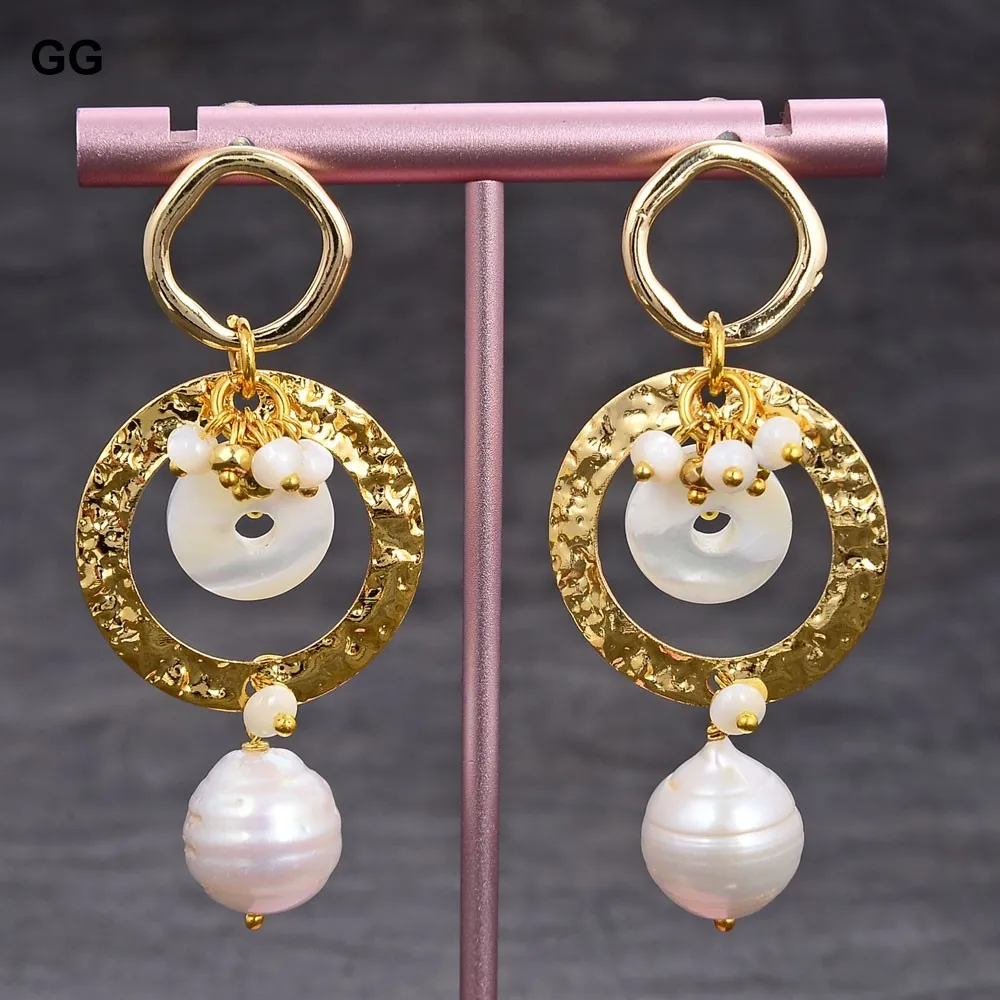 JK – boucles d'oreilles pendantes en forme de pièce de monnaie de riz blanc naturel, faites à la main, en perles de cristal plaquées or, cercle