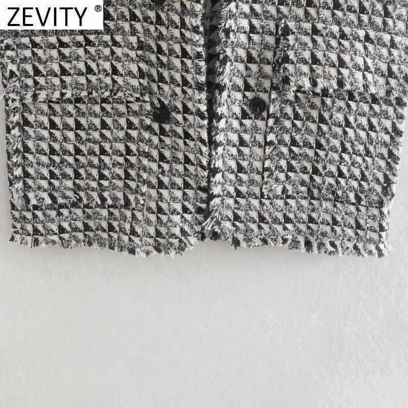 Zevity Women Vintage Houndstooth Tassel Design Ärmlös Vest Jacka Kontor Lady Passar Waistcoat Fickor Outwear Toppar CT685 210603