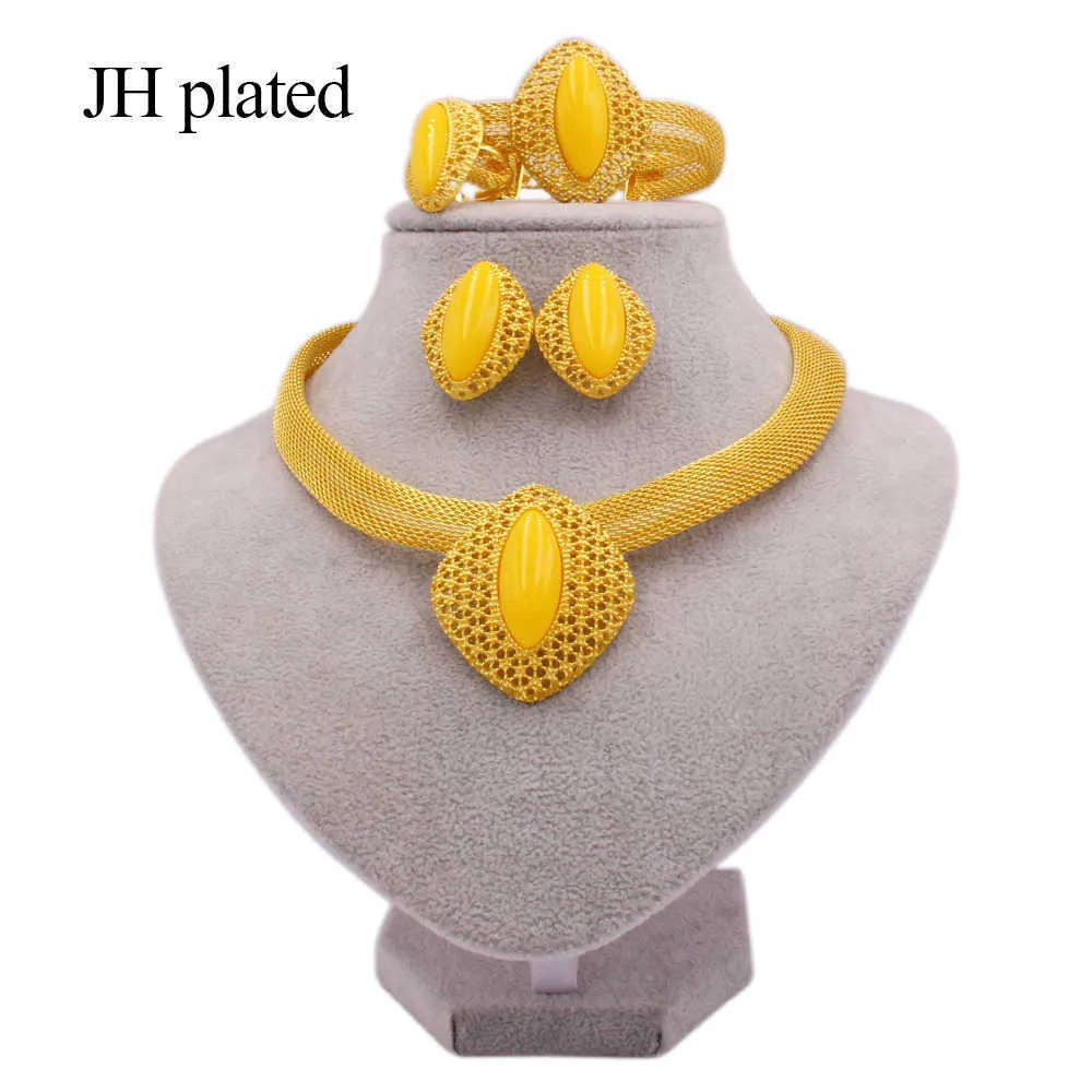 Conjuntos de joias de cor dourada 24k africanas para mulheres Dubai nupcial casamento presentes de esposa gem colar pulseira brincos conjunto de joias de anel 21317U