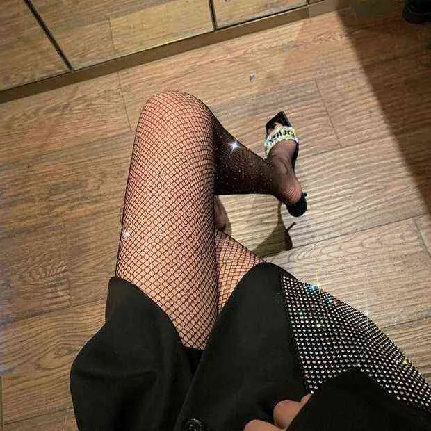 Kadın Parlak Fishnet için Seksi Taytlar Mesh Külotlu Nefes 2021 Yeni Moda Rhinestone Vücut Çorap Naylon Parlak Kulübü Külotlu Hortum Y1130