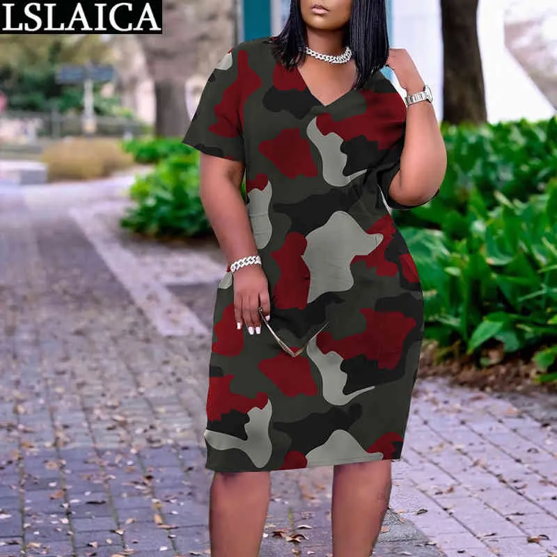 Wyprzedaż lato ubrania dla kobiet z krótkim rękawem Kamuflaż druku sukienka V Neck Plus Size Streetwear Samica Robe 210515