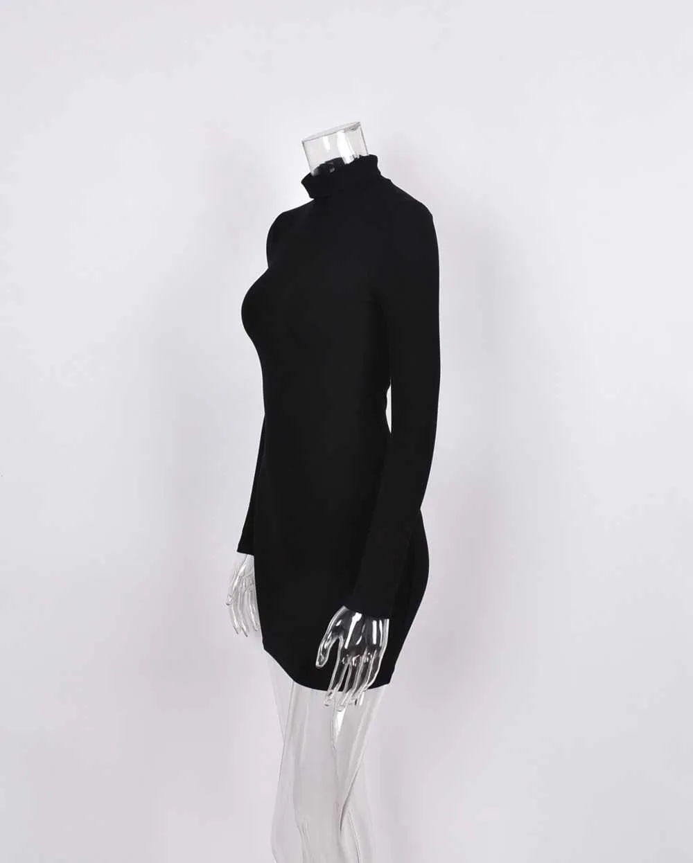 Summer New Women's Wear Black High Collar Long Sleeve Outdoor Sports Sexy Tight Mini Short Dress Y0823