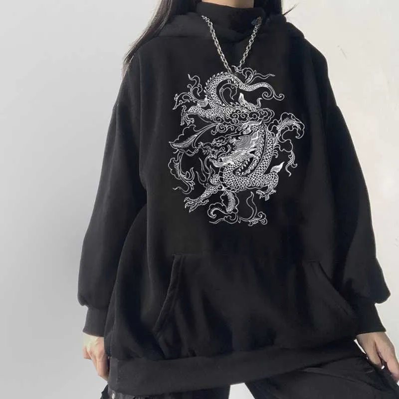 Dragon Print style chinois Harajuku Retro Swag hoodie Top Surdimensionné streetwear Unisexe kpop y2k Casual hoodies couple vêtements 210927