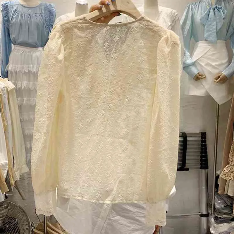 Elegant Lace Hook Flower Blouse Women Shirts Sweet Ruffles Spliced Blusas Para Mujer Spring Long Sleeve Ladies Fresh Tops 210514