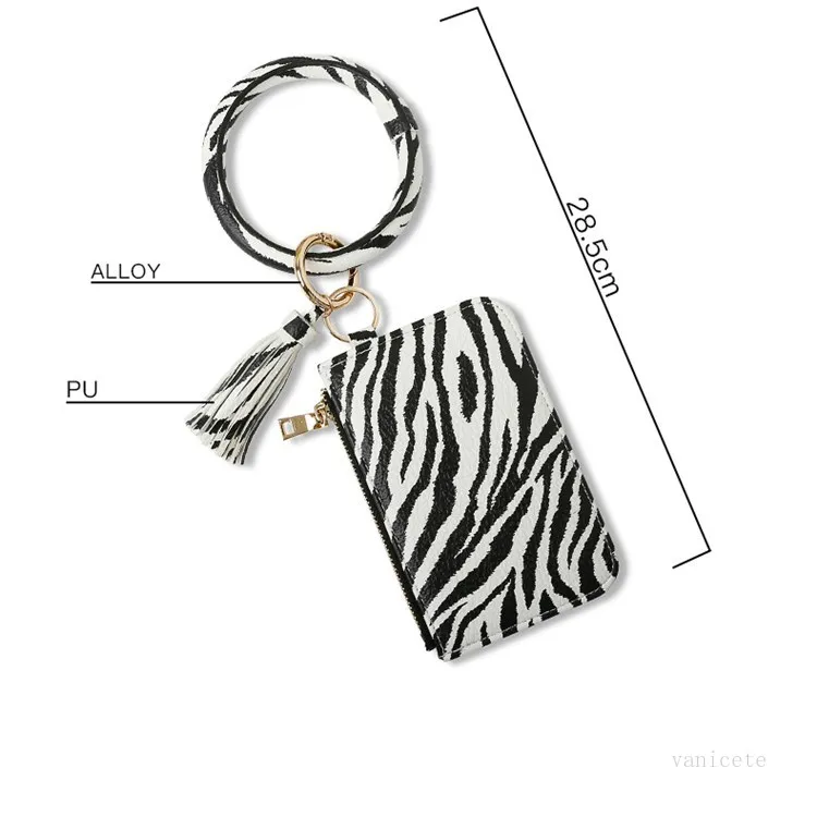 Zebra-Stripe PU Lether Bracelet Porte-clés avec sac de carte Glands Pendentif Vache Imprimer Sacs de poignet portables Zipper Party Supplies T2I51993