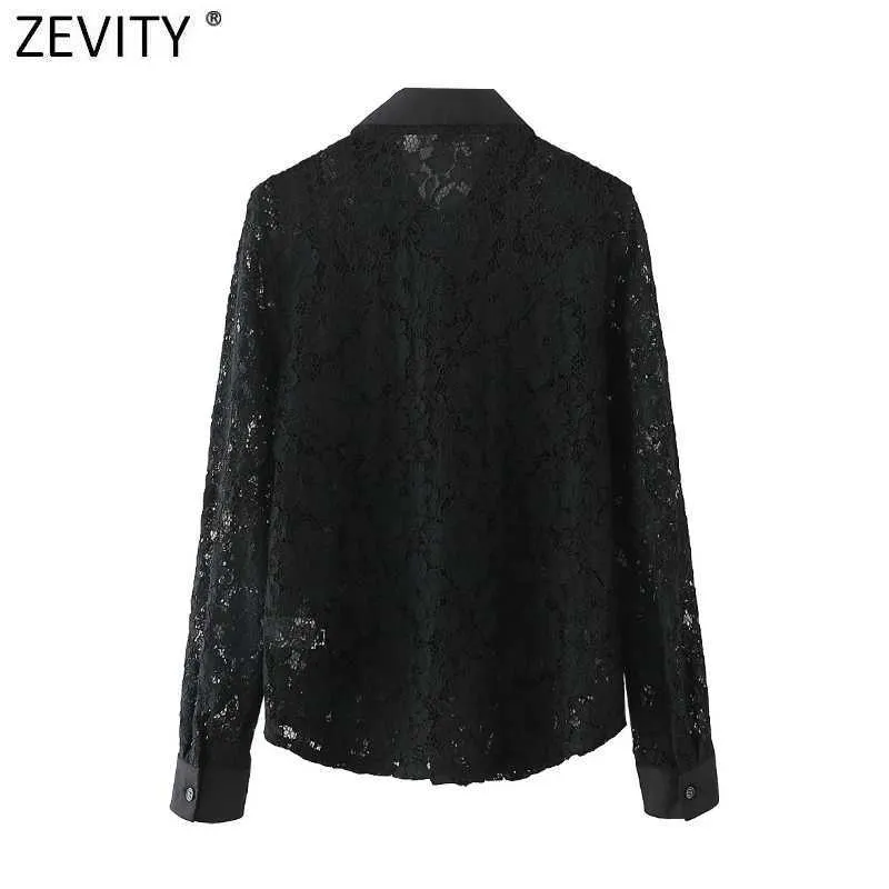 Zevity Donna Sexy Prospettiva Pizzo nero Casual Grembiule Camicetta Donna Colletto rovesciato Camicia con fiocco Chic Blusas Top LS7611 210603