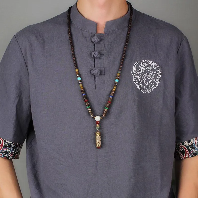 Этнический стиль Непал Гау Коробка Шесть слов истины Деревянная цепочка из бусин Будды Простое длинное винтажное ожерелье с подвеской Ожерелья s192e