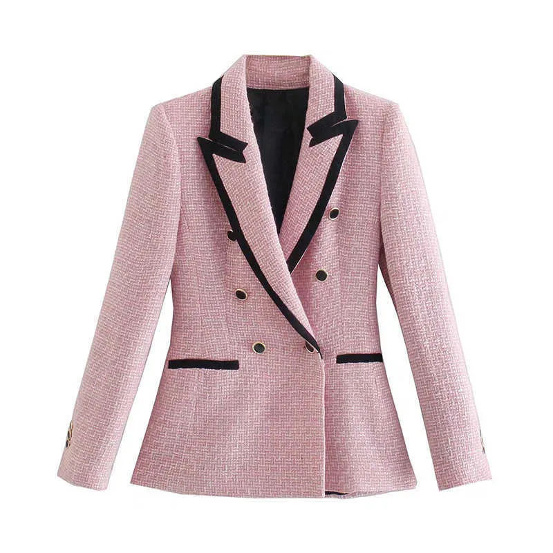 WXWT Za Women Tweed Double Breasted Blazer Long Sleeve Autumn Ladies Casual Coat Fashion Tops XX8342 211006