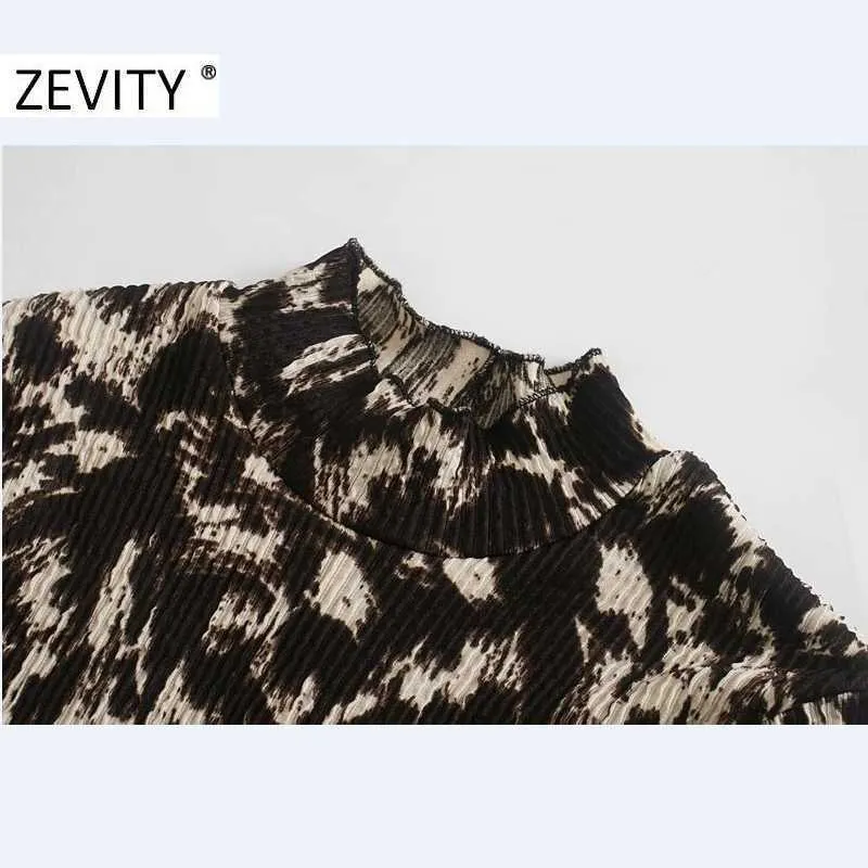 Zevity Women Vintage Stand Collar LeopardプリントスリムミニドレスFemme長袖プリーツvestidoシックパーティークロスDS4694 210603