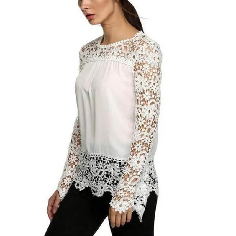 Design Plus Size S-7XL Moda Womens Blusa Verão OpenFork Hollow Manga Longa Tops Bordado Lace Flower Crochet Chiffon Shi