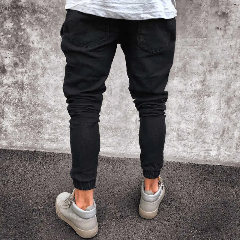 Hoge kwaliteit jeans mannen blauwe zwarte biker fold stelletje voet denim mannelijke pure kleur jogger enkel stripepcil broek S-3XL maat X0621