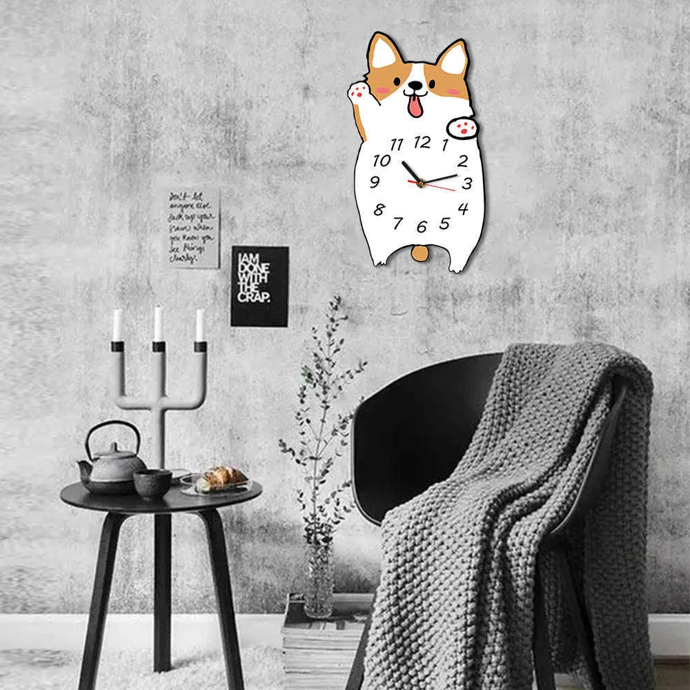 Baby Kid Bedroom Decor Corgi Dog Wall Clock Welsh Corgi Portrait Watch Pet Shop Quartz Quiet Print Morden Design Wall Art Decor 210930