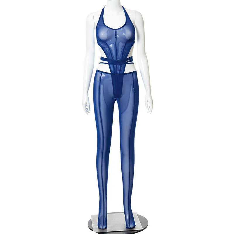 ANJAMANOR Sexiga tvådelade leggings av skira mesh med kroppsdräkt ryggfri grimma Topp Klubbdräkter för kvinnor jumpsuits D85-BG14 Y0625
