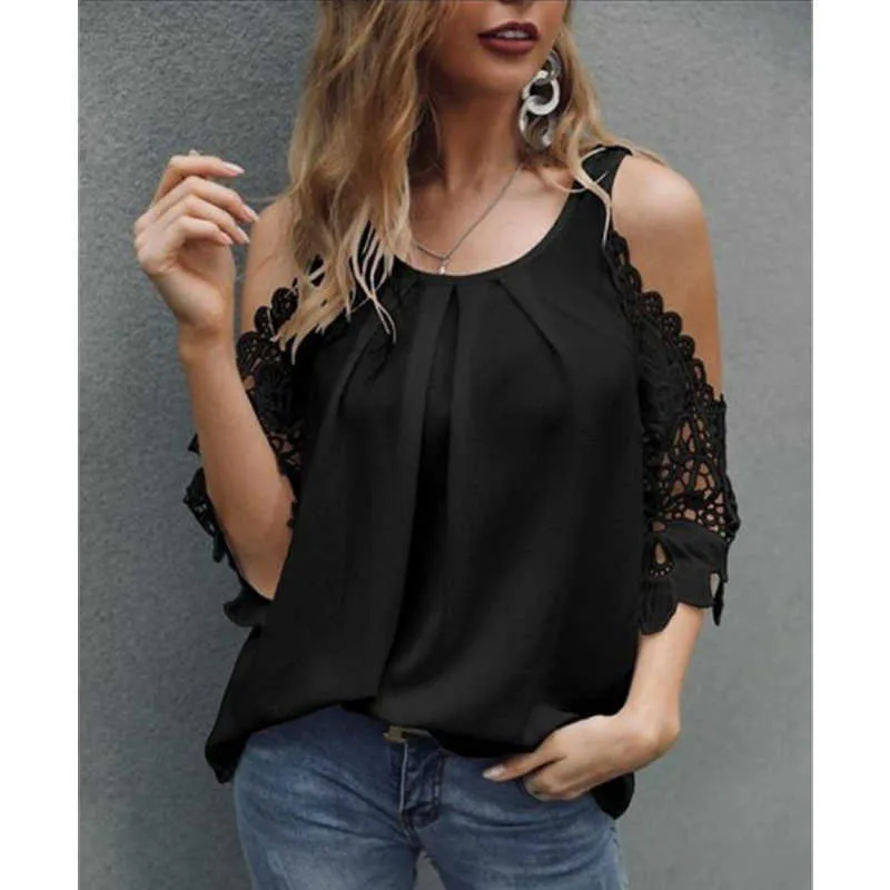 Frauen Sexy Spitze Off Schulter Chiffon Sommer Mode Casaul Kleidung Tops Oansatz Kurzarm Solide Hemd Femme Rüschen Blusa Mujer x0628