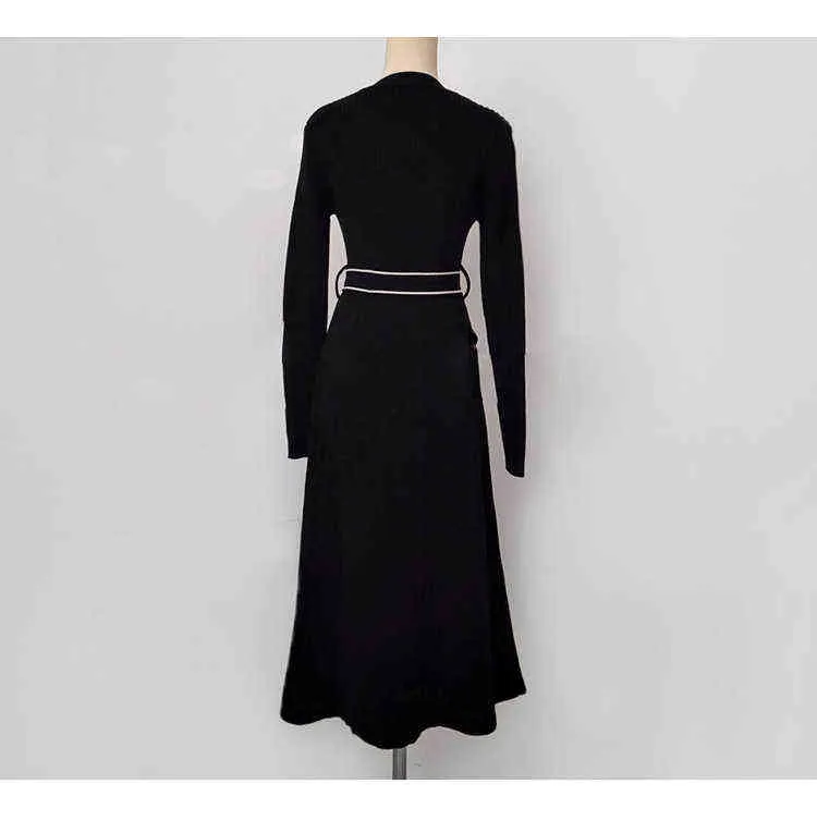 2021 New Autumn Korean Temperament Vestidos Women's V Neck Long Sleeves Hit Color Elastic Waist Knitted Midi Dress Y1204