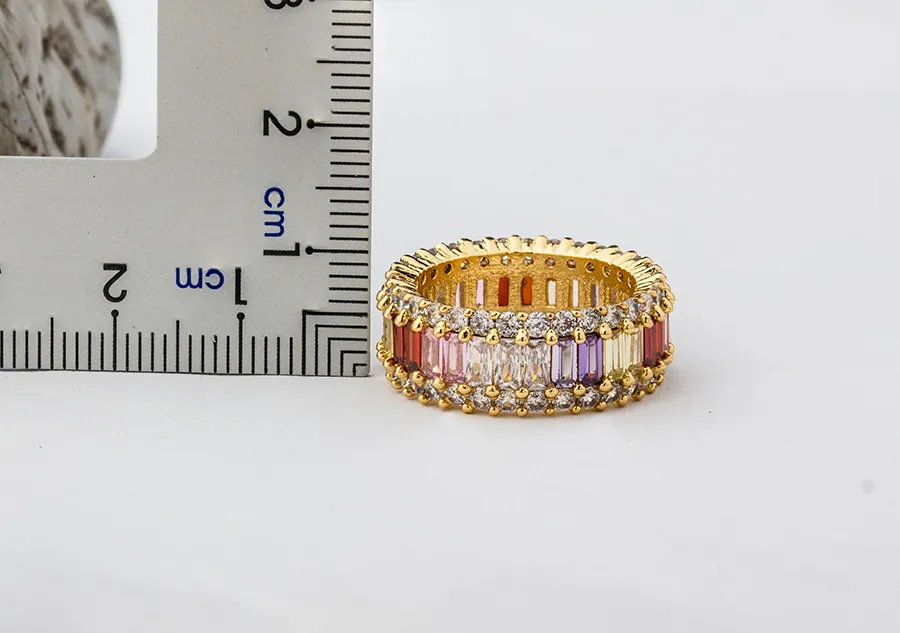 Baguette mince arc-en-ciel CZ bague en or pour les femmes mode fiançailles bande de mariage Top qualité bijoux de charme