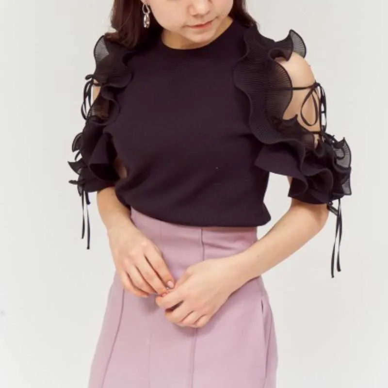 Stile giapponese elegante temperamento o collo pullover da donna estate kawaii volant maglioni con spalle scoperte top slim fit in maglia 210525