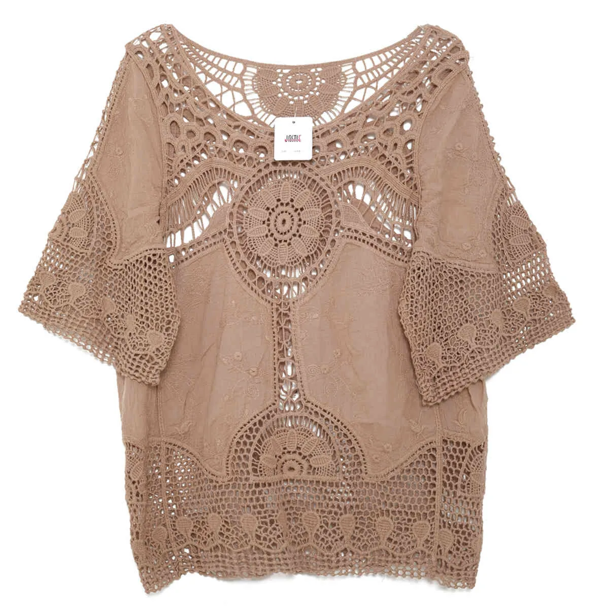 Jastie Boho Hollow out Beach Cover Up Blouse Beach Shirt Women Crochet Lace Top Blusas mujer de moda Summer Shirts Tops 210419