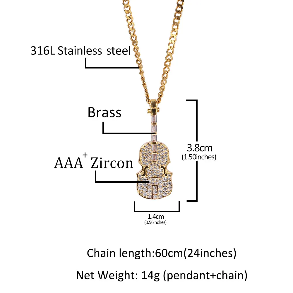 Hip Hop Sieraden De Viool Vorm Clear T CZ Zirkonia Hanger Ketting Verguld met Ketting voor Mannen Vrouwen Leuk Minnaar cadeau Rapper J203g