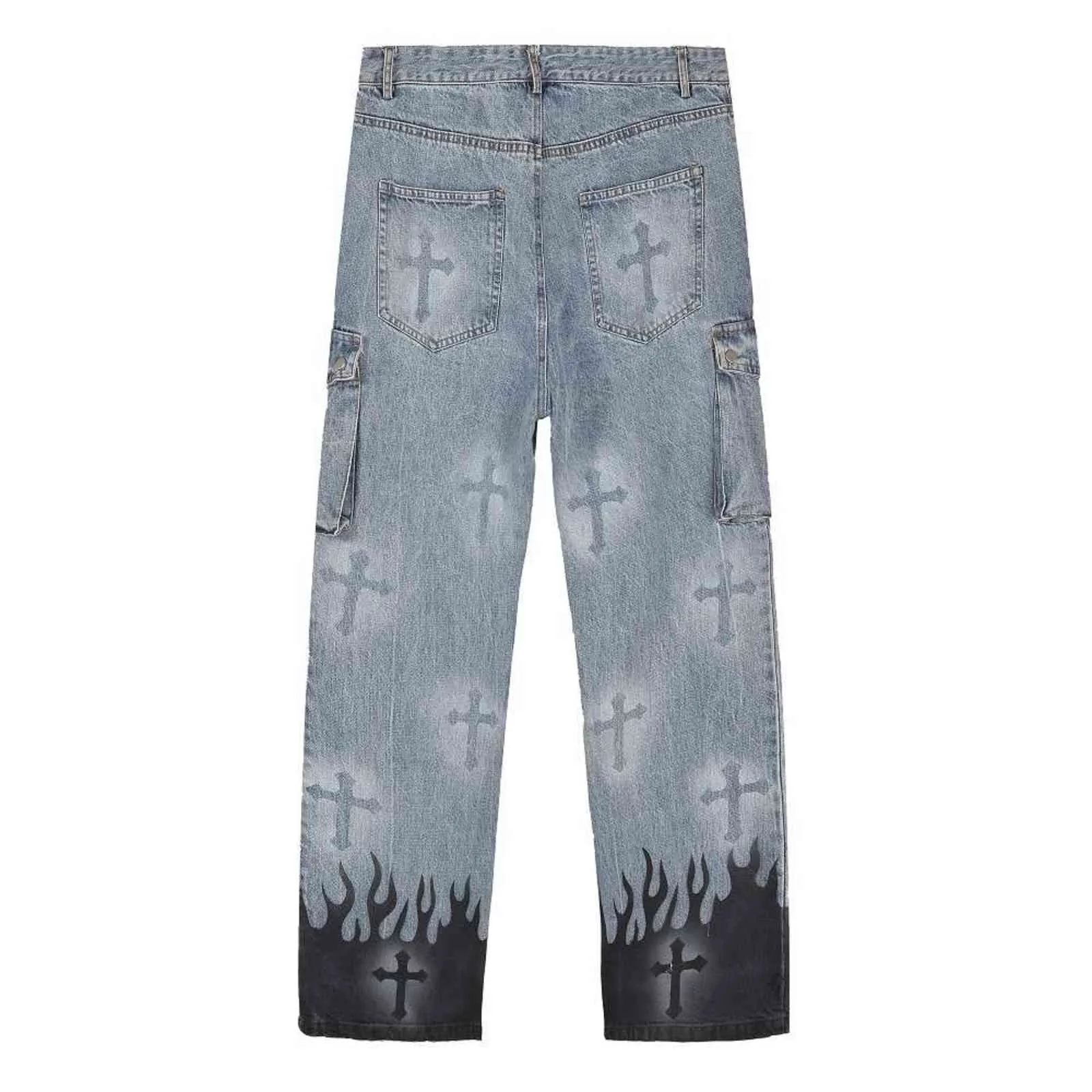 UNCLEDONJM Flame bedruckte Jeans Herren Streetwear Distressed Designer für Graffiti Cargohose 057 211111