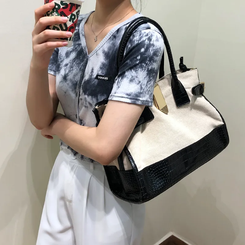 New Arrivals top qualityCanvas Bag Stitching Large Capacity Crocodile Pattern Fashion Simplicity One-shoulder Messenger Messenger bag Chann