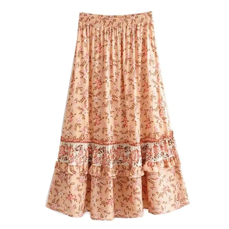 Primavera Bohemian costurando orelhas de madeira babados saia mulheres vintage cintura elástica maxi long swing saias laranja rosa cor femme 210429